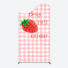 Lofaris Strawberry Pink Plaid 1st Birthday Arch Backdrop