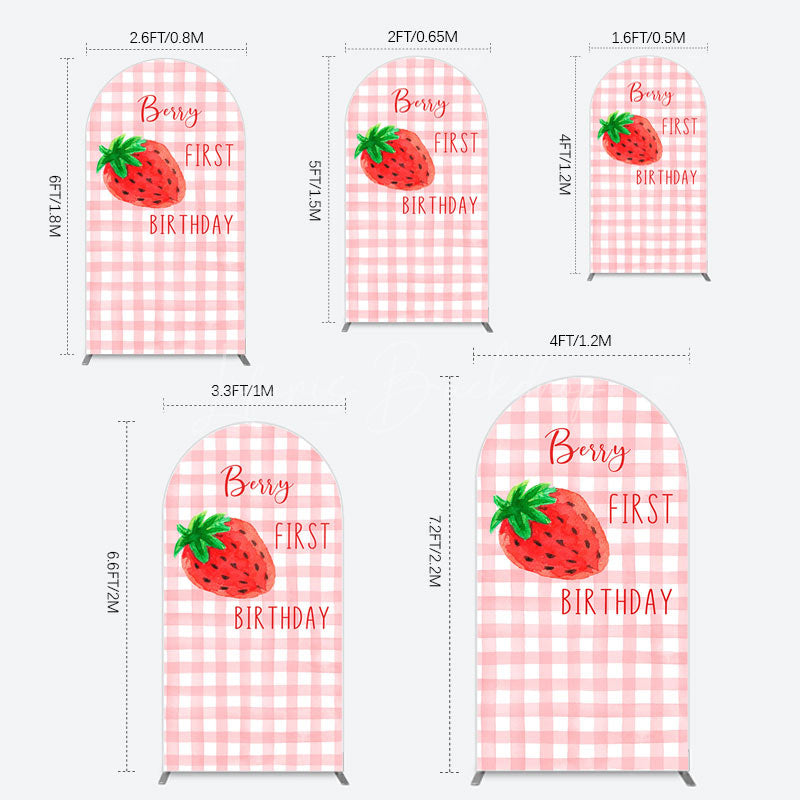 Lofaris Strawberry Pink Plaid 1st Birthday Arch Backdrop