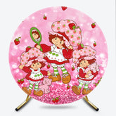 Lofaris Strawberry Shortcake Inspired Round Backdrop Vintage Cartoon Girl with Cat Pink Glitter Berry Cute Party Decor