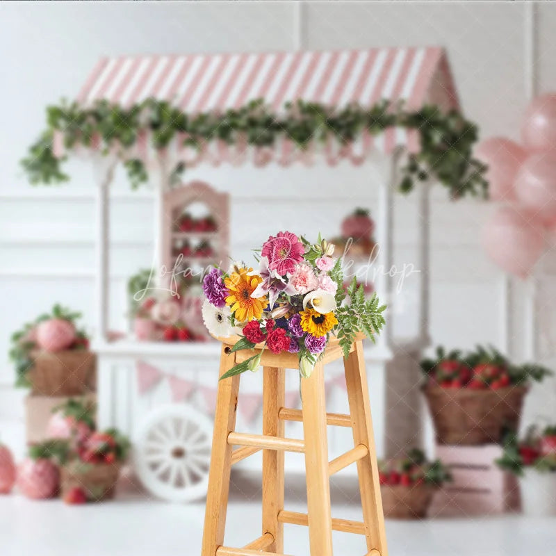Lofaris Strawberry Themed Party Backdrop Sweet One Birthday Cart Pink Stripe Awning and Balloons Photo Booth Props