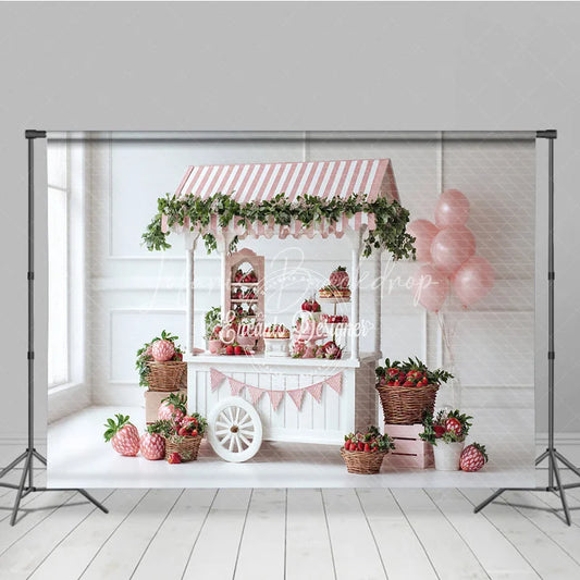 Lofaris Strawberry Themed Party Backdrop Sweet One Birthday Cart Pink Stripe Awning and Balloons Photo Booth Props