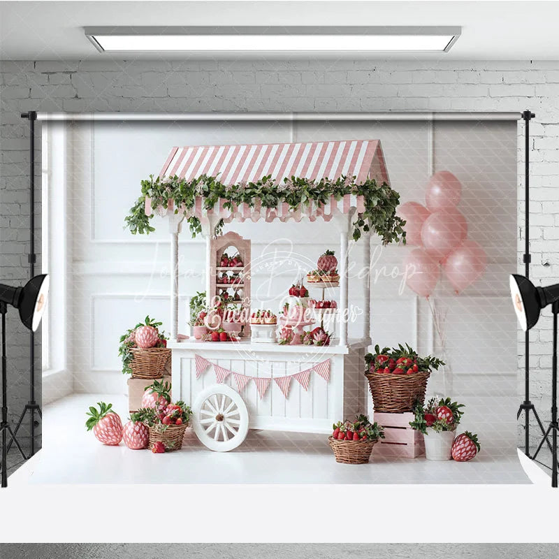 Lofaris Strawberry Themed Party Backdrop Sweet One Birthday Cart Pink Stripe Awning and Balloons Photo Booth Props