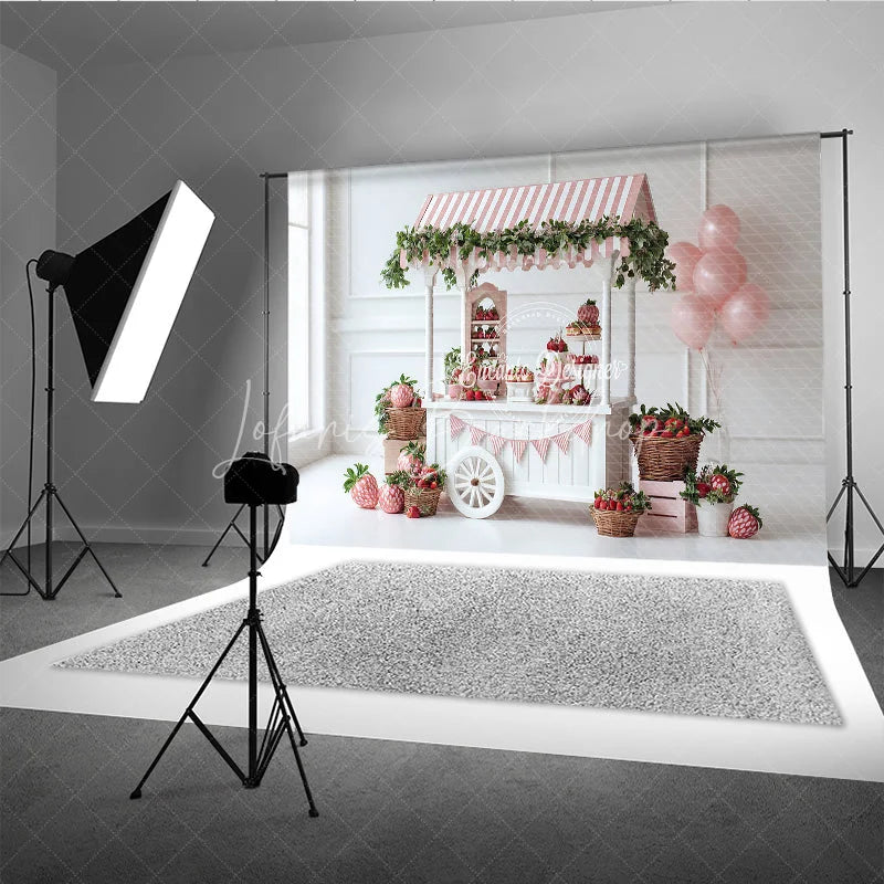 Lofaris Strawberry Themed Party Backdrop Sweet One Birthday Cart Pink Stripe Awning and Balloons Photo Booth Props