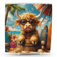 Lofaris Summer Beach Bathing Cow Bubbles Animal Shower Curtain