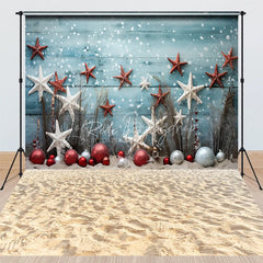 Lofaris Summer Beach Christmas Combo Set Backdrop Blue Wood Starfish Ornament Sand Floor Photography Prop