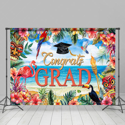 Lofaris Summer Beach Floral Flamingo Congrats Grad Backdrop