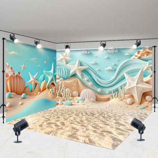 Lofaris Summer Blue Sandy Beach Cake Smash Room Set Backdrop