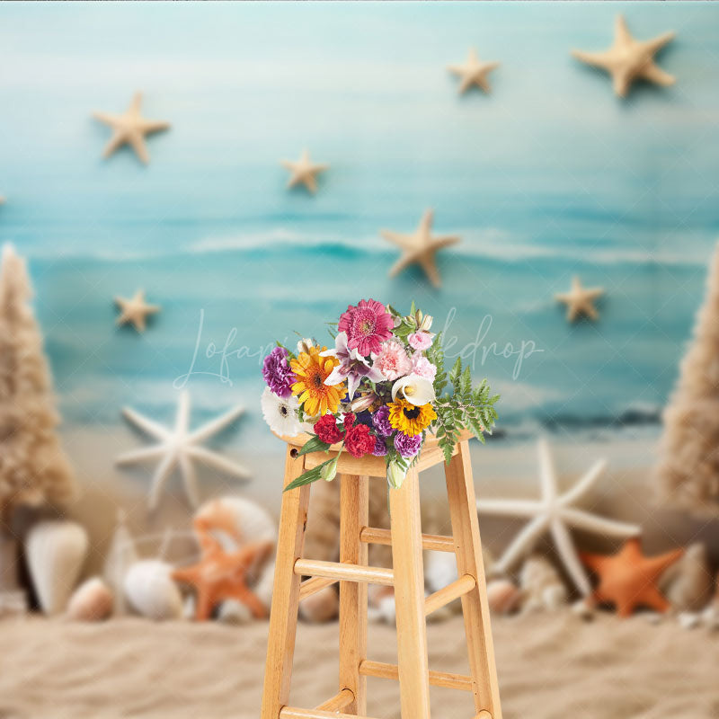 Lofaris Summer Coastal Photography Backdrop Beach Sand with Starfish and Shells Tropical Ocean Themed Photo Prop Decor