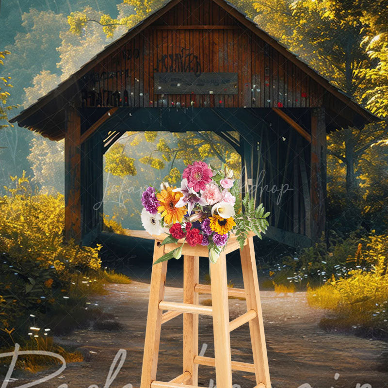 Lofaris Summer Covered Bridge Forest Scene Photo Backdrop