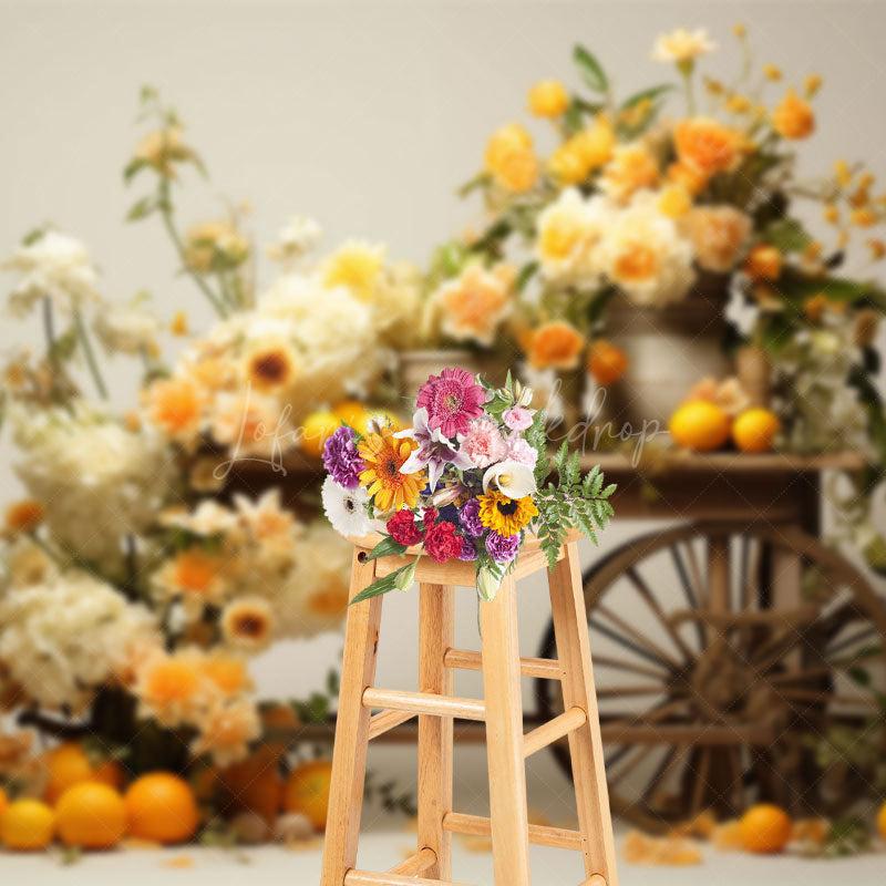 Lofaris Summer Floral Orange Wood Trolley Photography Backdrop