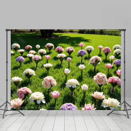 Lofaris Summer Green Lawn Rose Bouquet Wedding Photo Backdrop