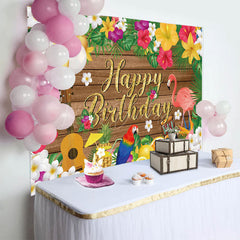 Lofaris Summer Hawaii Floral Flamingo Wood Birthday Backdrop