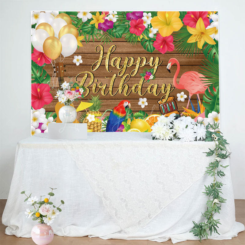 Lofaris Summer Hawaii Floral Flamingo Wood Birthday Backdrop