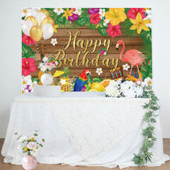 Lofaris Summer Hawaii Floral Flamingo Wood Birthday Backdrop