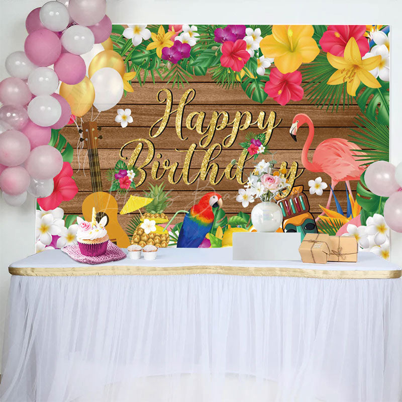 Lofaris Summer Hawaii Floral Flamingo Wood Birthday Backdrop