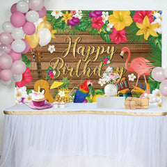 Lofaris Summer Hawaii Floral Flamingo Wood Birthday Backdrop