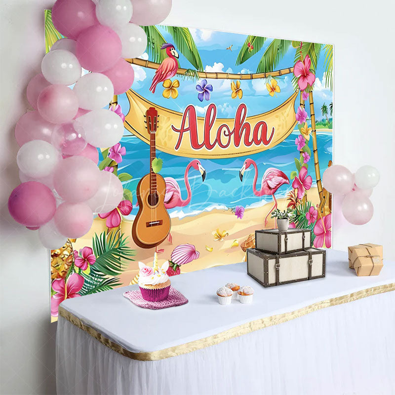 Lofaris Summer Hawaiian Flamingo Beach Birthday Backdrop