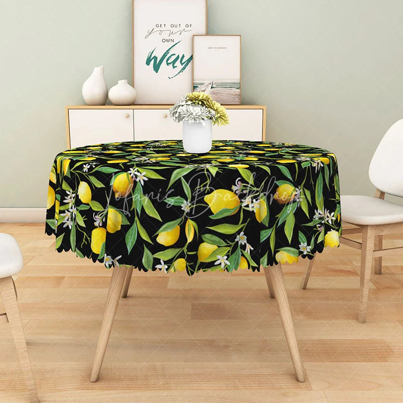 Lofaris Summer Lemon and Green Leaf Floral Round Tablecloth for Fresh Citrus Themed Kitchen Outdoor Party