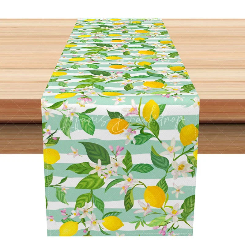 Lofaris Summer Lemon Table Runner with Green Stripes Citrus Fruit Print for Farmhouse Kitchen and Outdoor Party