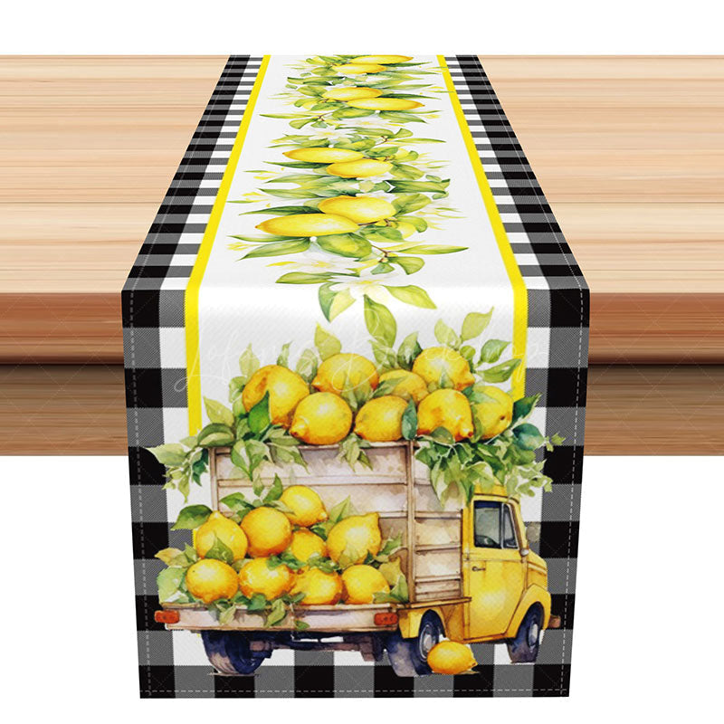 Lofaris Summer Lemon Truck Table Runner with Black Plaid for Farmhouse Kitchen and Buffalo Check Decor