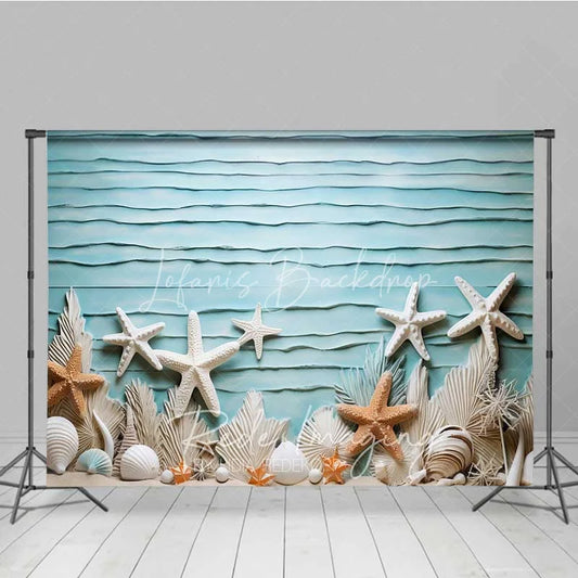 Lofaris Summer Ocean Beach Starfish Photography Backdrop Blue Textured Wall White Shells Background Nautical Theme Photo Prop