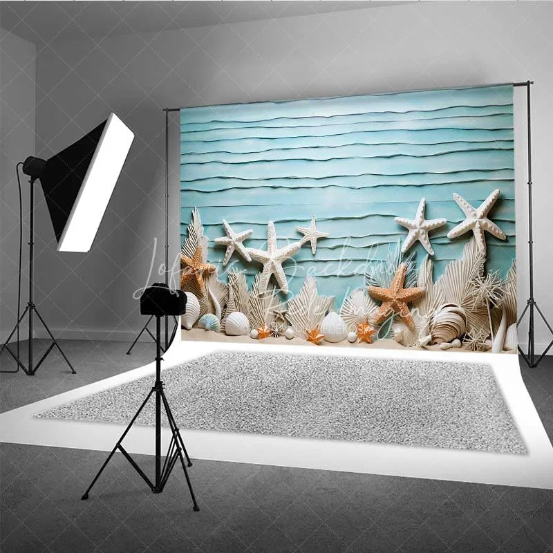 Lofaris Summer Ocean Beach Starfish Photography Backdrop Blue Textured Wall White Shells Background Nautical Theme Photo Prop