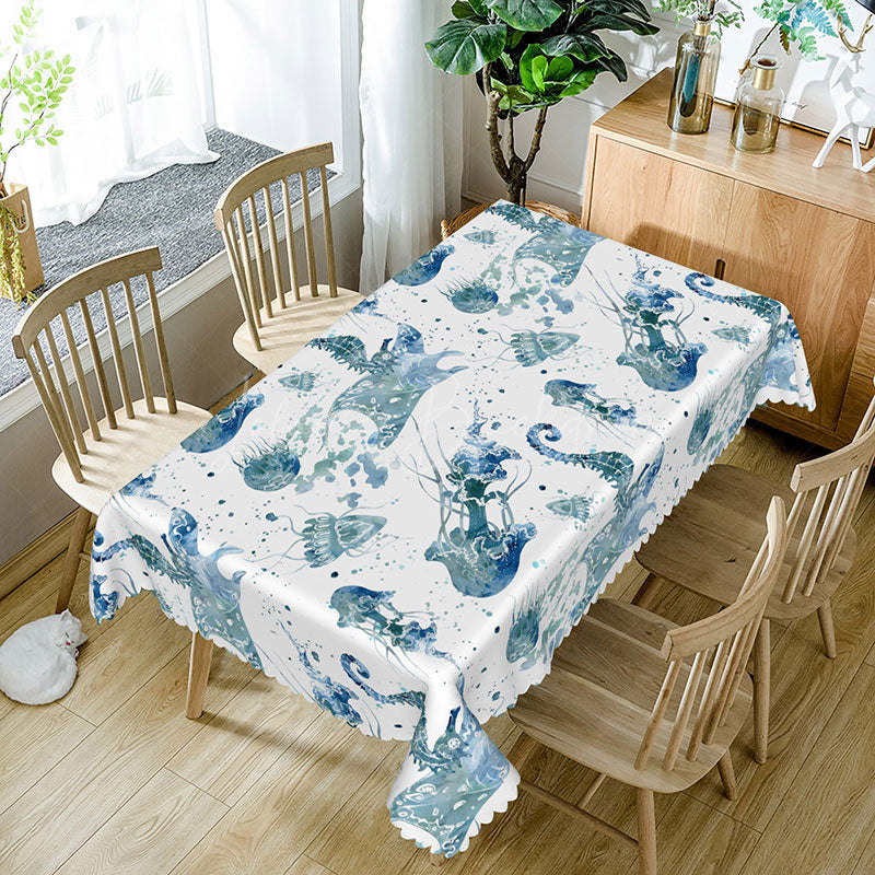 Lofaris Summer Ocean Vibe Rectangle Tablecloth with Seahorse and Jellyfish for Coastal Beach House Dining Decor