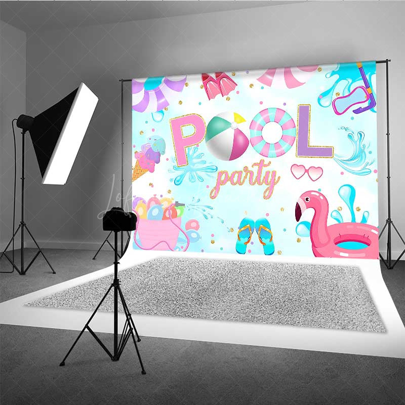Lofaris Summer Pool Party Backdrop for Kids Pink Flamingo and Beach Ball Fun Banner Tropical Birthday Photo Booth Prop