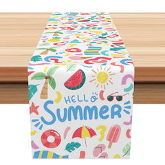 Lofaris Summer Pool Party Table Runner with Colorful Swimming Rings and Coconut Trees for Tropical BBQ Decor