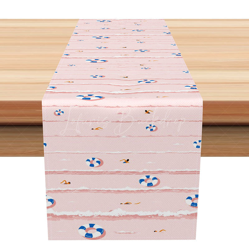 Lofaris Summer Pool Party Table Runner with Pink Swimming Rings for Fun Kids Birthday and Outdoor BBQ Decor