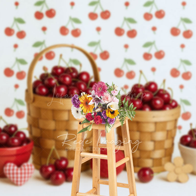 Lofaris Summer Red Cherry Basket Birthday Cake Smash Backdrop