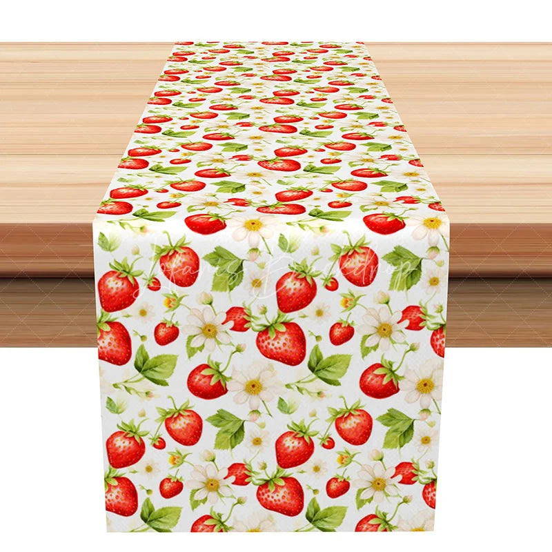 Lofaris Summer Strawberry Table Runner Red Fruit and Daisy Print for Farmhouse Kitchen Outdoor Party Decor