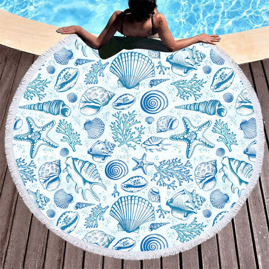 Lofaris Summer Vibe Blue White Porcelain Round Beach Towel