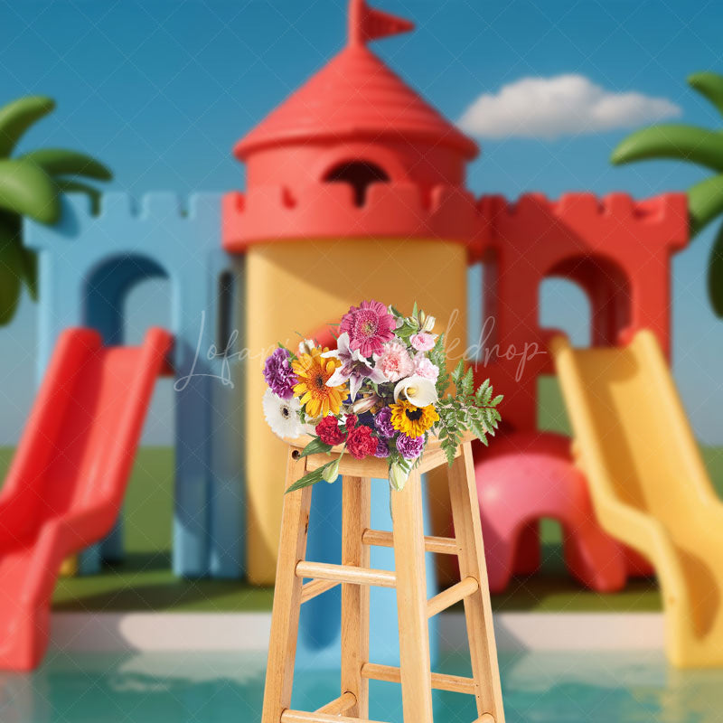 Lofaris Summer Water Park Slide Birthday Cake Smash Backdrop