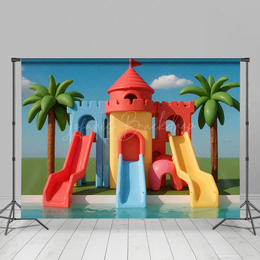 Lofaris Summer Water Park Slide Birthday Cake Smash Backdrop