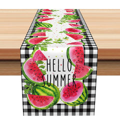 Lofaris Summer Watermelon Table Runner with Black Gingham Plaid for Farmhouse Kitchen and Outdoor BBQ Dining