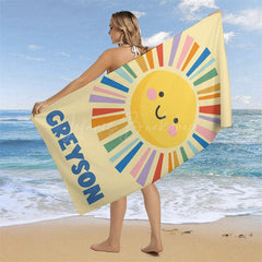 Lofaris Summer Yellow Cartoon Sun Custom Name Beach Towel