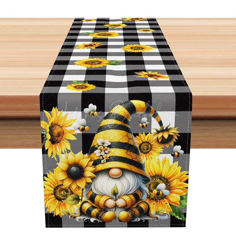 Lofaris Sunflower and Bee Table Runner with Black Plaid for Farmhouse Kitchen Decor Gnome Buffalo Check