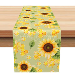 Lofaris Sunflower and Honey Bee Table Runner Green Honeycomb Print Farmhouse ’Bee Happy’ Kitchen Decor