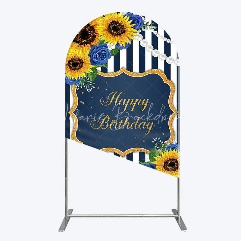 Lofaris Sunflower Blue Rose Birthday Arch Backdrop Navy Stripe Floral Party Decoration Gold Frame Pearl Background