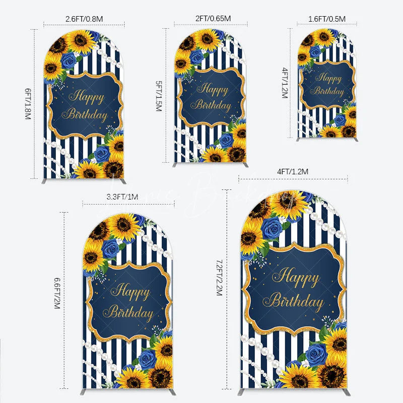 Lofaris Sunflower Blue Rose Birthday Arch Backdrop Navy Stripe Floral Party Decoration Gold Frame Pearl Background