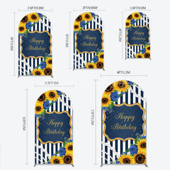 Lofaris Sunflower Blue Rose Birthday Arch Backdrop Navy Stripe Floral Party Decoration Gold Frame Pearl Background