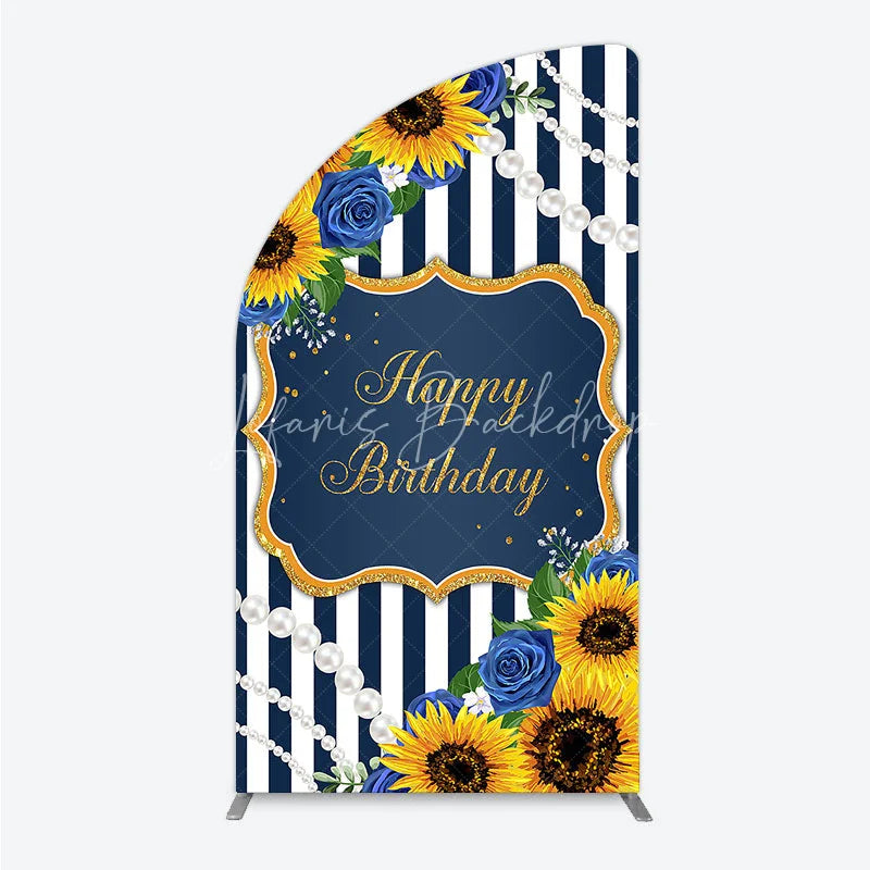 Lofaris Sunflower Blue Rose Birthday Half Moon Arch Backdrop Navy Stripe Floral Party Decoration Gold Frame Pearl Background