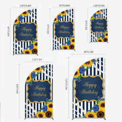 Lofaris Sunflower Blue Rose Birthday Half Moon Arch Backdrop Navy Stripe Floral Party Decoration Gold Frame Pearl Background