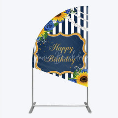 Lofaris Sunflower Blue Rose Birthday Half Moon Arch Backdrop Navy Stripe Floral Party Decoration Gold Frame Pearl Background