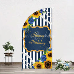 Lofaris Sunflower Blue Rose Birthday Half Moon Arch Backdrop Navy Stripe Floral Party Decoration Gold Frame Pearl Background