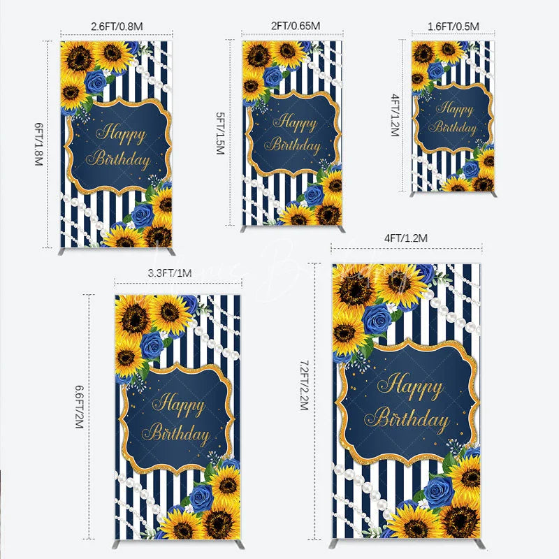 Lofaris Sunflower Blue Rose Birthday Rectangle Backdrop Navy Stripe Floral Party Decoration Gold Frame Pearl Background
