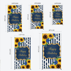 Lofaris Sunflower Blue Rose Birthday Rectangle Backdrop Navy Stripe Floral Party Decoration Gold Frame Pearl Background