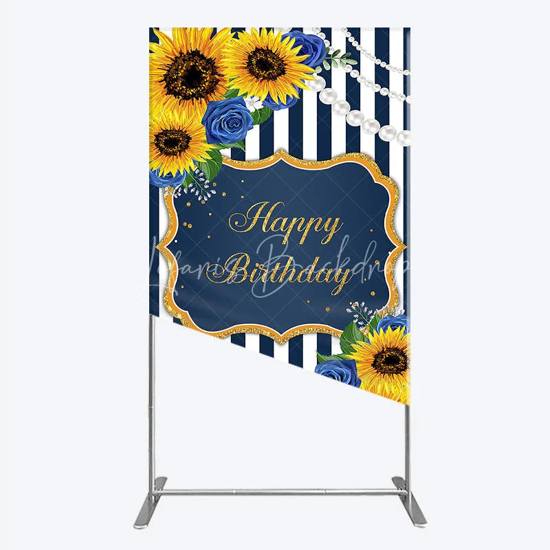 Lofaris Sunflower Blue Rose Birthday Rectangle Backdrop Navy Stripe Floral Party Decoration Gold Frame Pearl Background