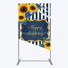 Lofaris Sunflower Blue Rose Birthday Rectangle Backdrop Navy Stripe Floral Party Decoration Gold Frame Pearl Background